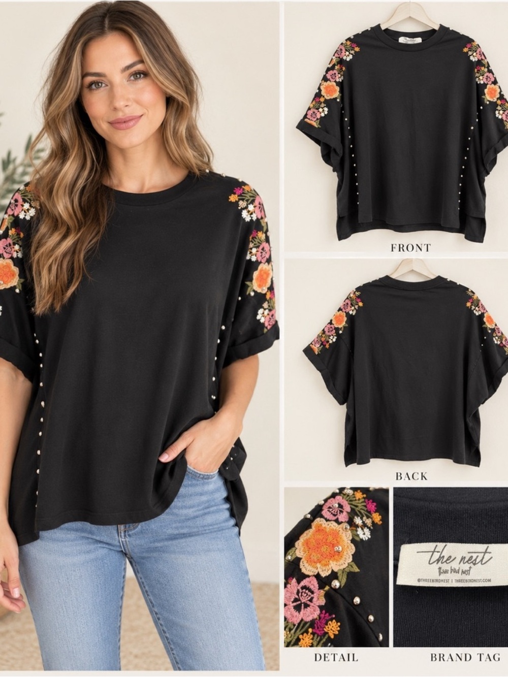 Three Bird Nest Black Short Sleeve Tee with Floral Embroidery